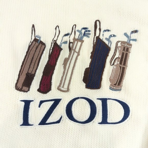Vtg Izod Sweater Pull Over Embroidered Golf Clubs 100% Cotton Knit Cream Large - Picture 2 of 6
